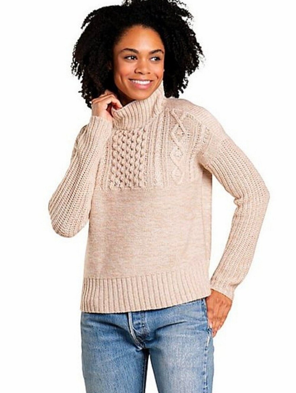 Toad & Co Tupelo Cabke Knit Merino Wool Funnel Neck Sweater Sz Small Oatmeal